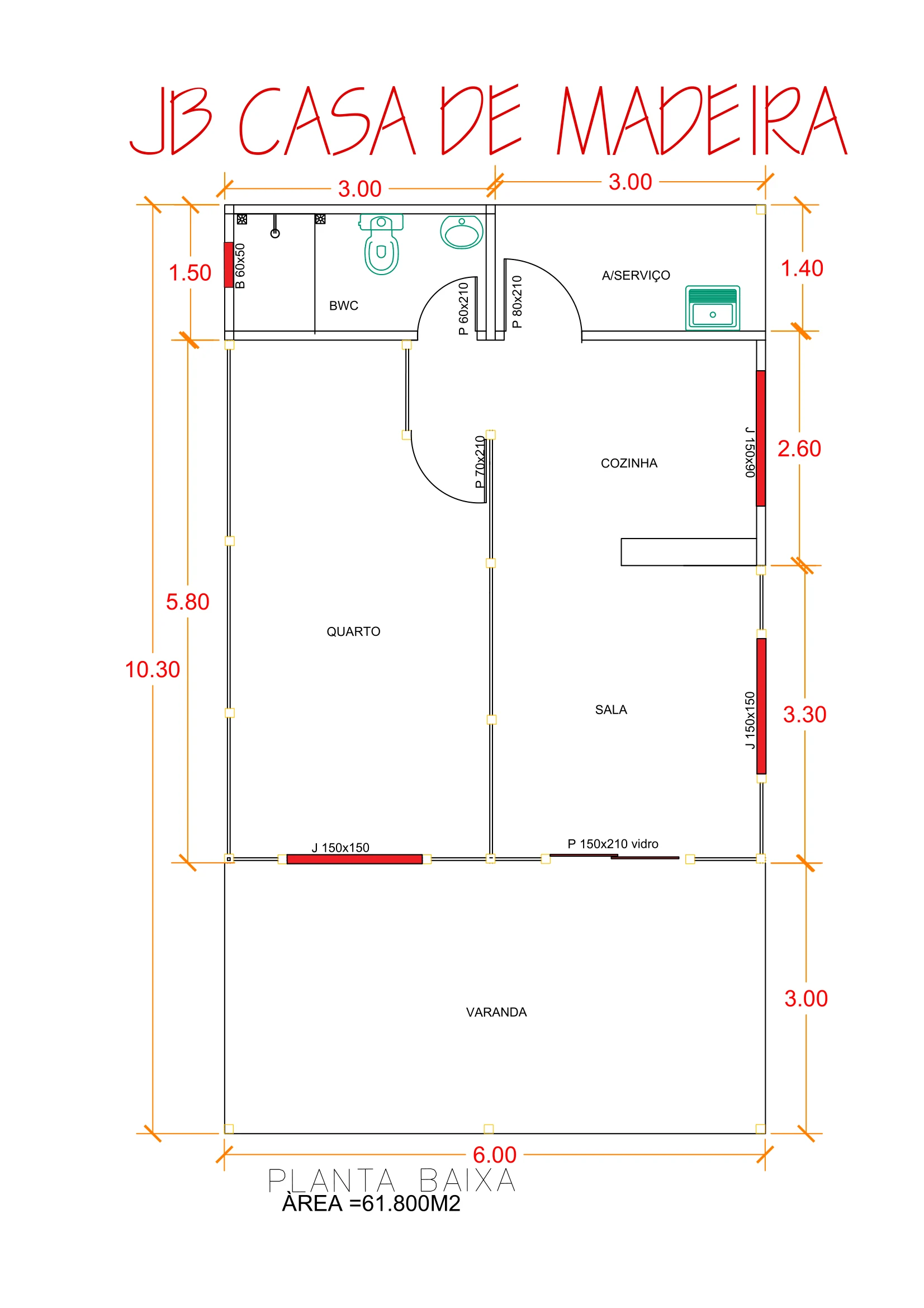 Planta da Casa Térrea 61,80m² com 1 Quarto e Varanda Ampla