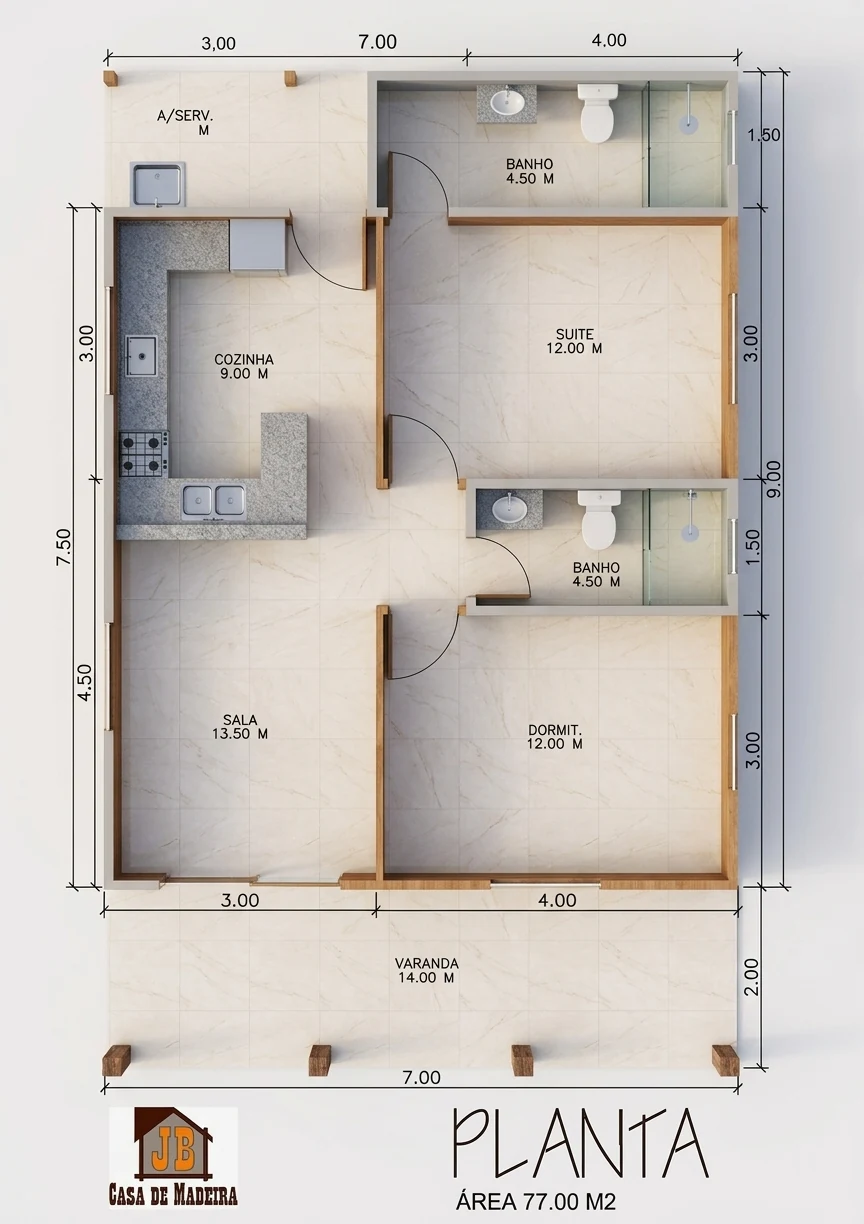 Planta da Casa Térrea 77,00m² com 1 Suíte, 1 Quarto e Lavabo