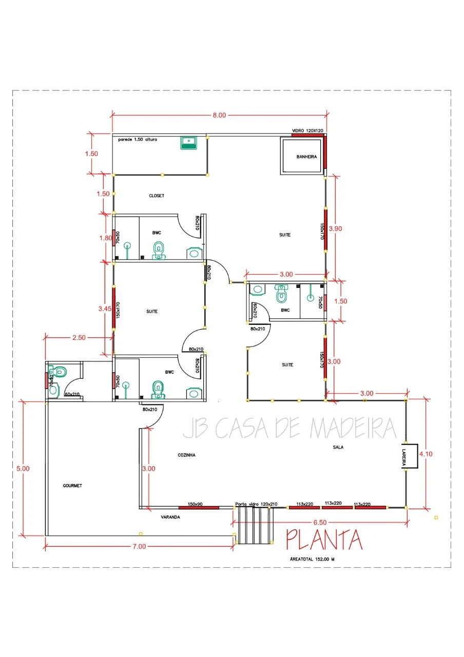 Planta da Casa Térrea 152,00m² com 3 Suítes e Área Gourmet