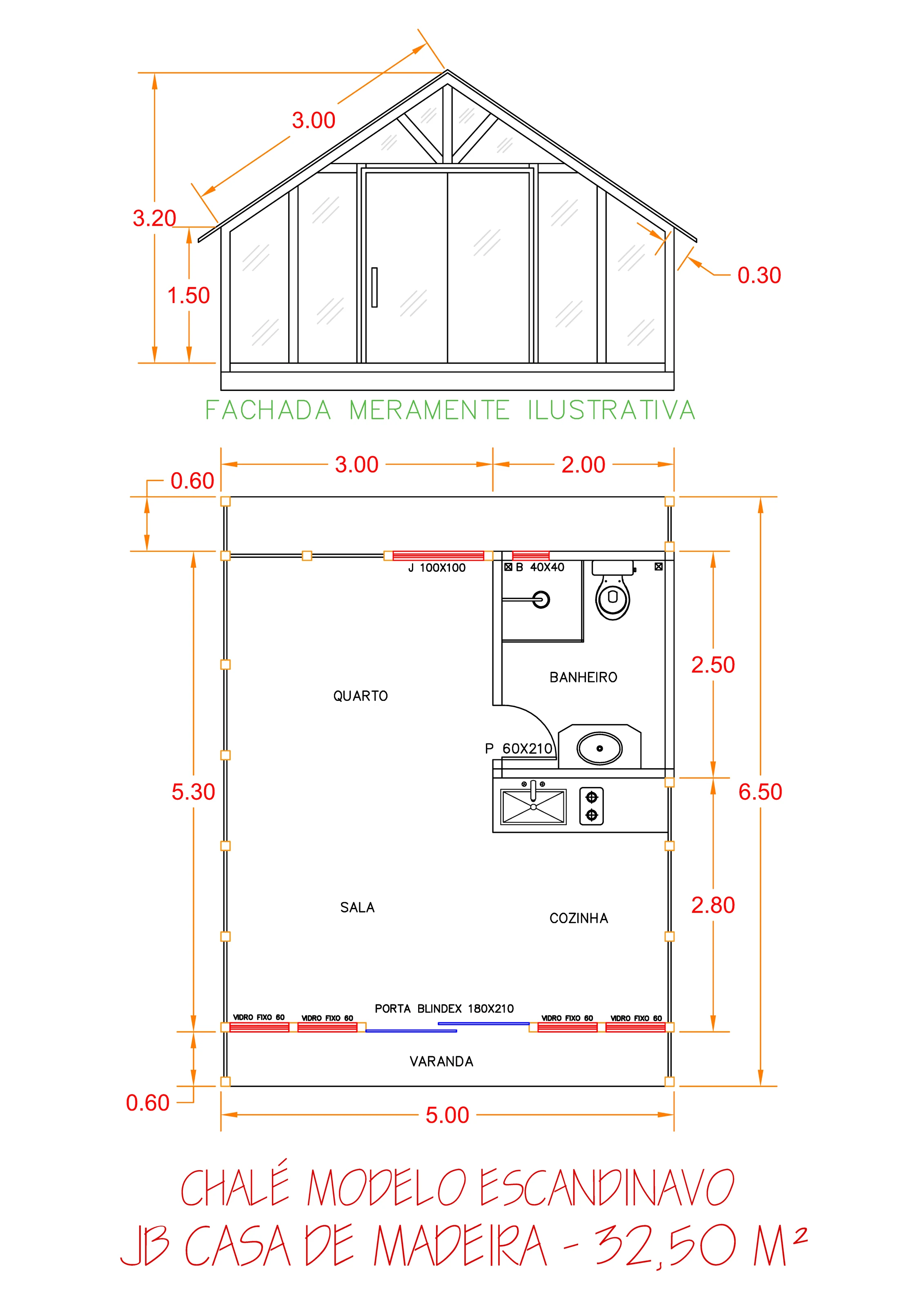 Planta da Chalé Modelo Escandinavo 32,50m² com 1 quarto