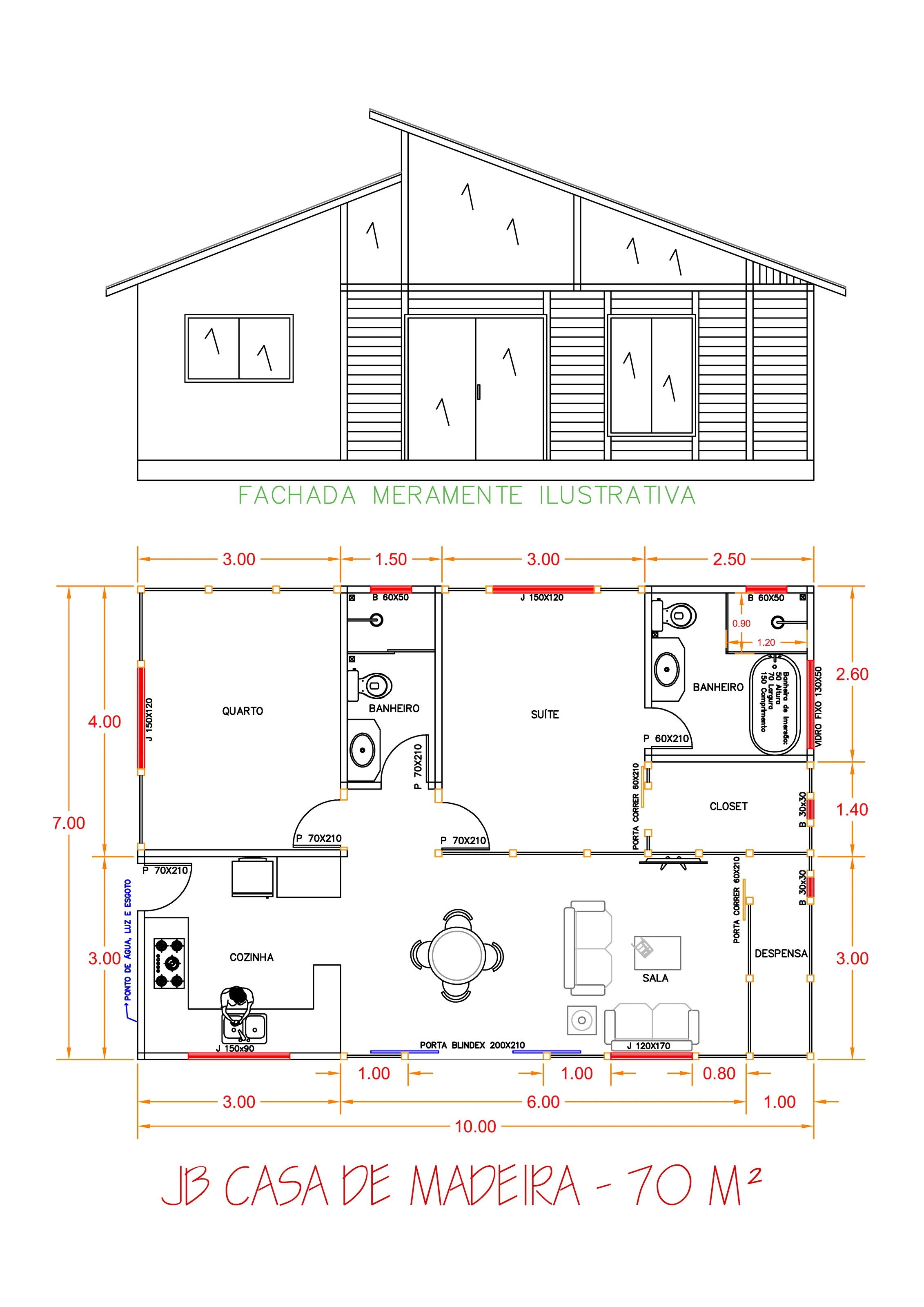 Planta da Casa 70,00m² com 1 suíte e 1 quarto