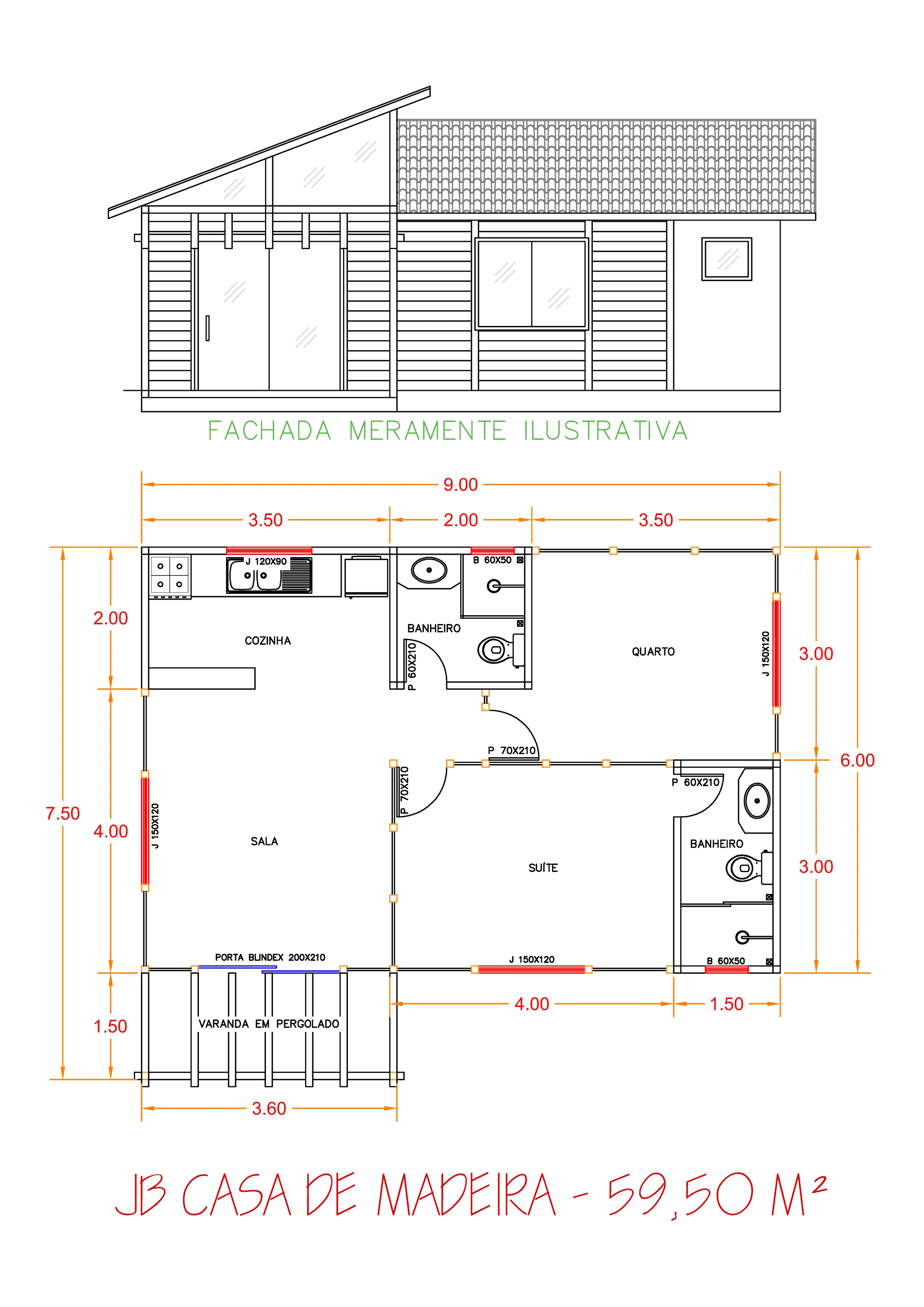 Planta da Casa 59,50m² com 1 suíte e 1 quarto
