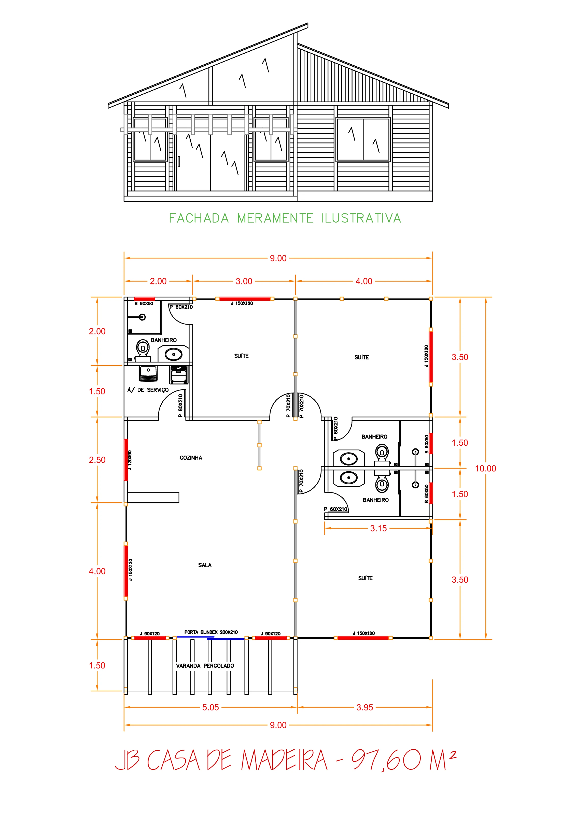Planta da Casa 97,60m² com 3 suítes