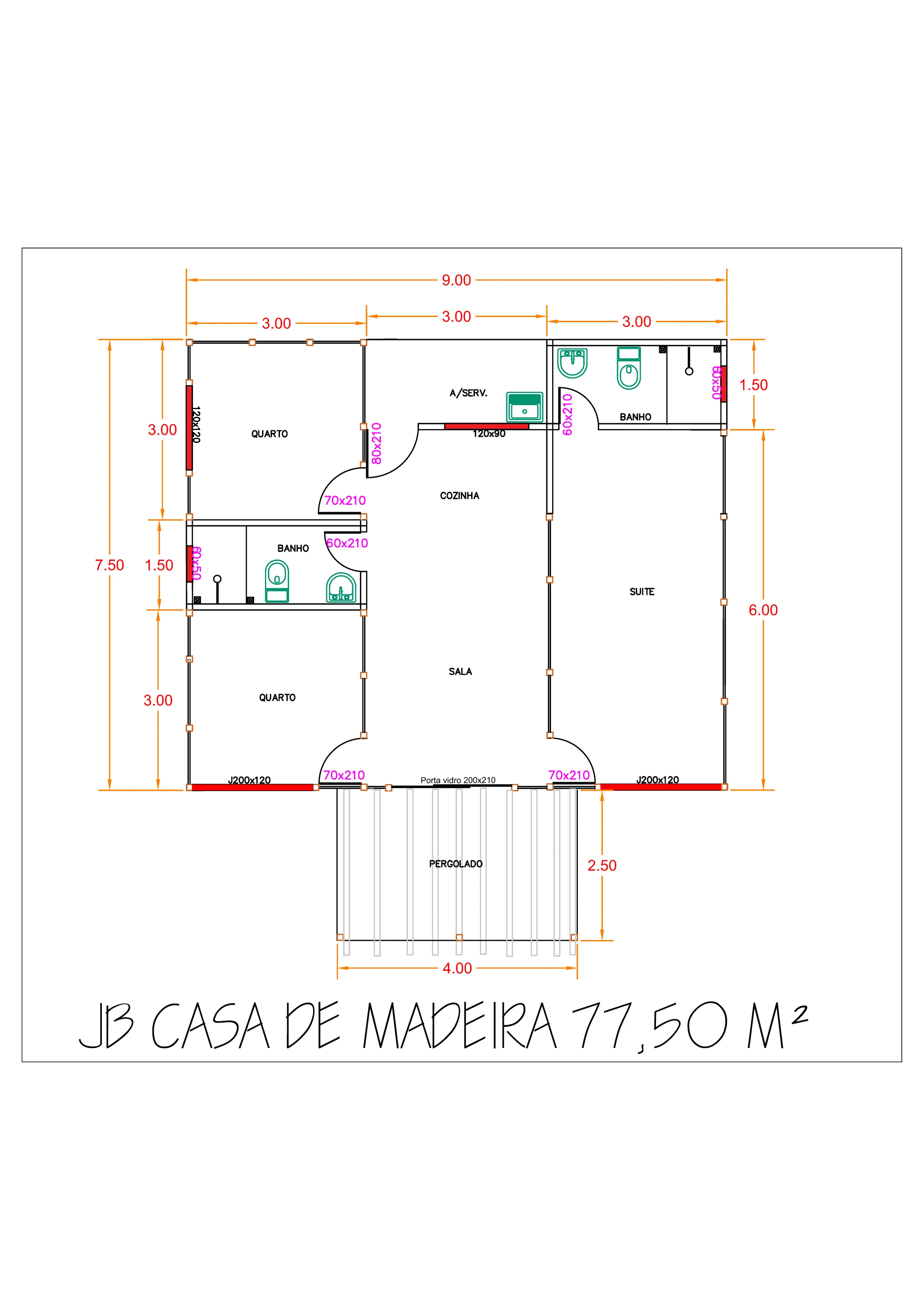 Planta da Casa 77,50m² com 1 suíte e 2 quartos