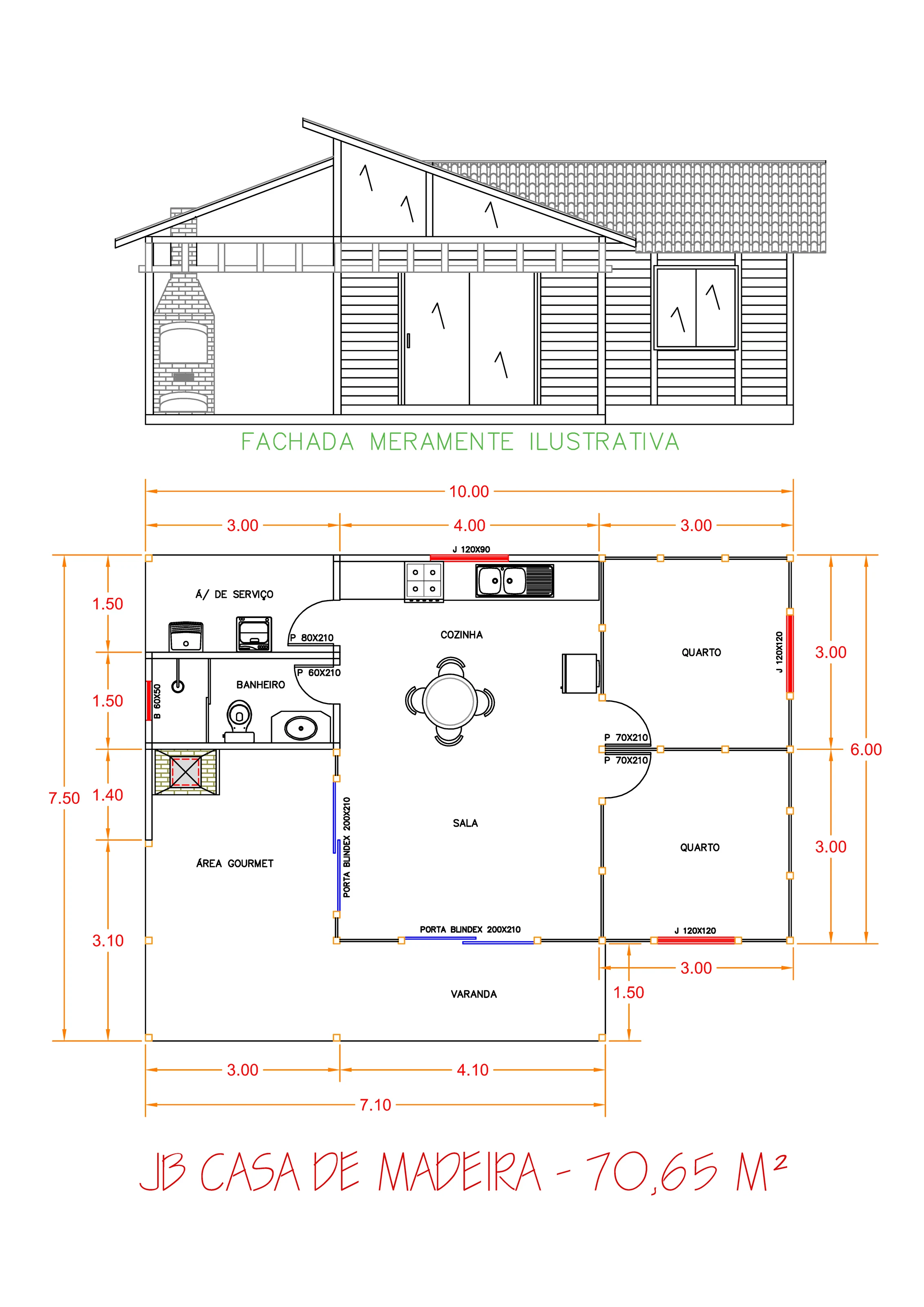 Planta da Casa 70,65m² com 2 Quartos e Área Gourmet