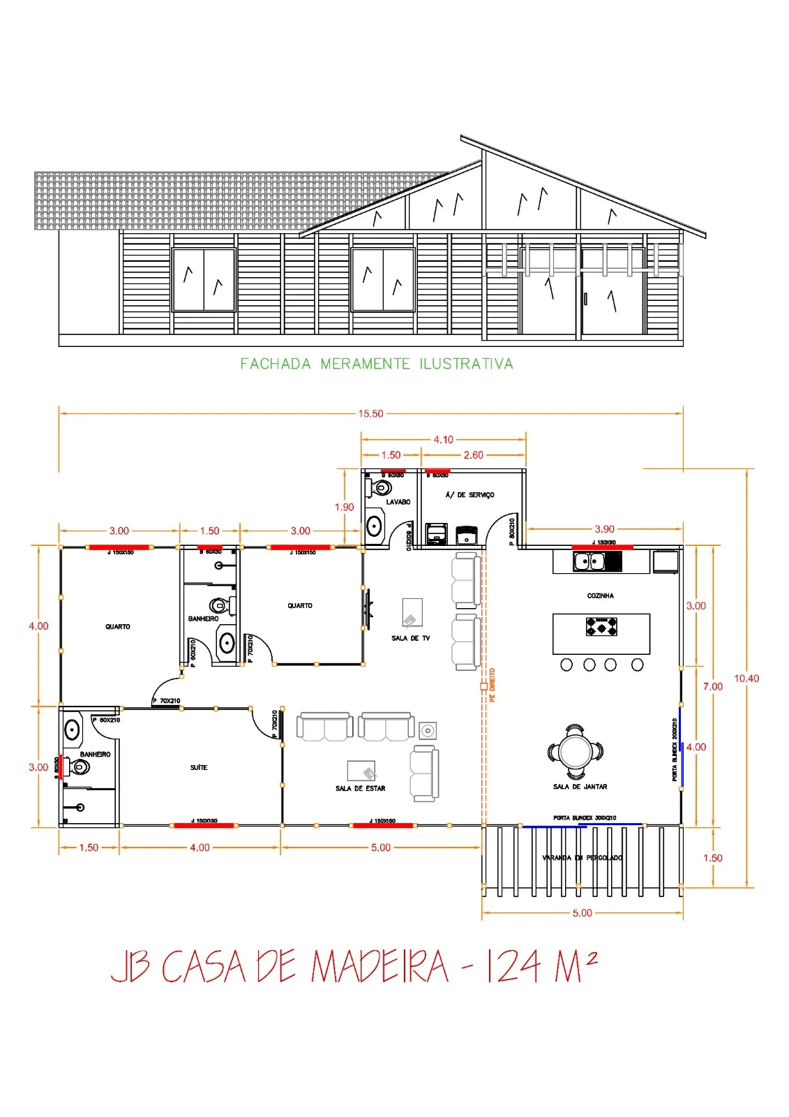 Planta da Casa 124,00m² com 3 quartos (1 Suíte)