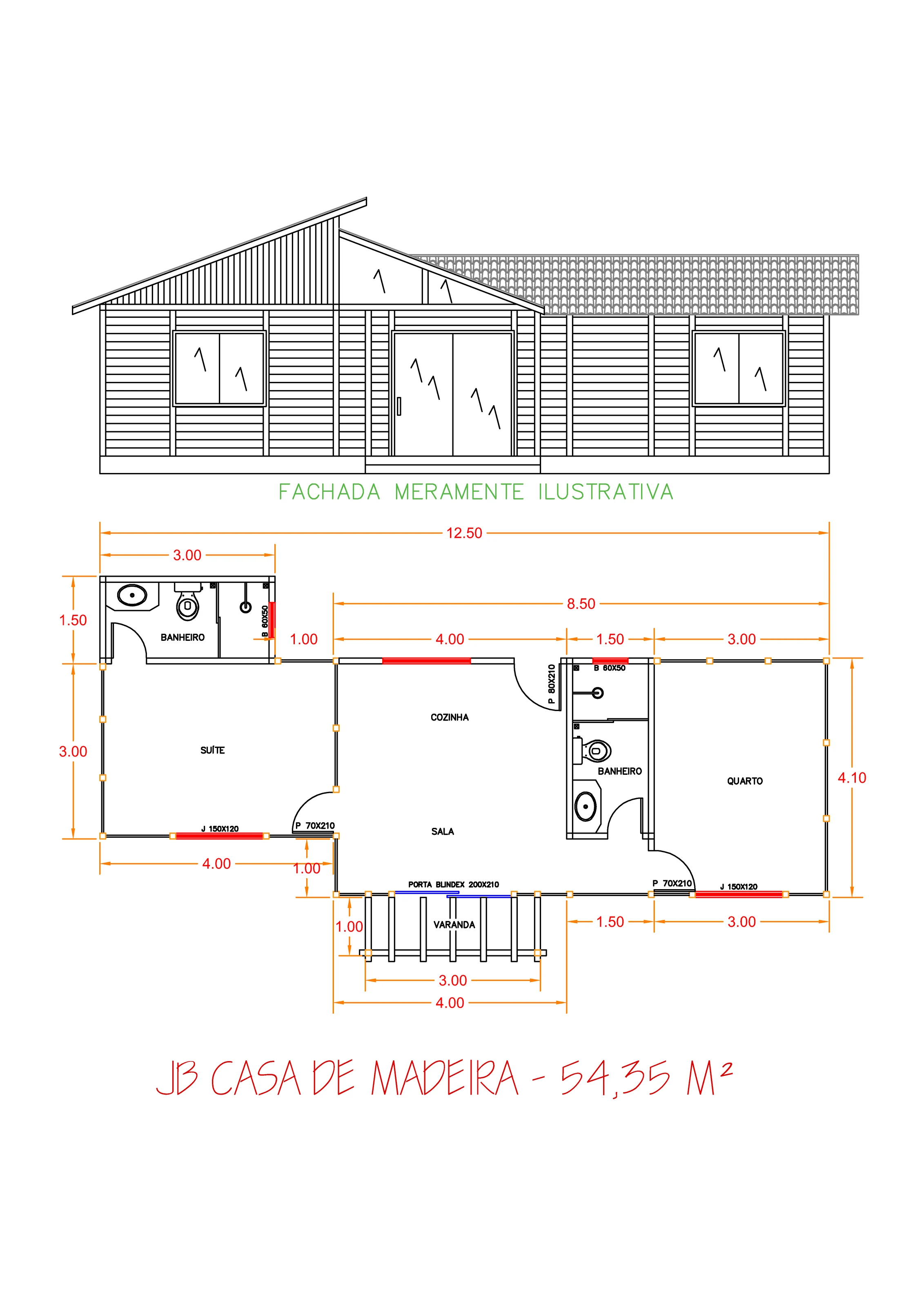 Planta da Casa 54,35m² com 1 suíte, 1 quarto e pergolado