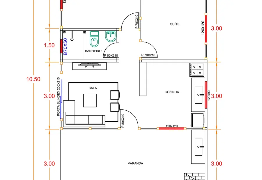 Planta: Casa Térrea Contemporânea 68,25m²