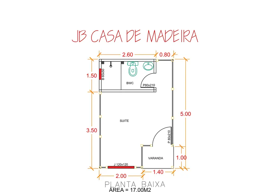 Planta: Chalé Compacto 17,00m² com 1 Suíte e Varanda