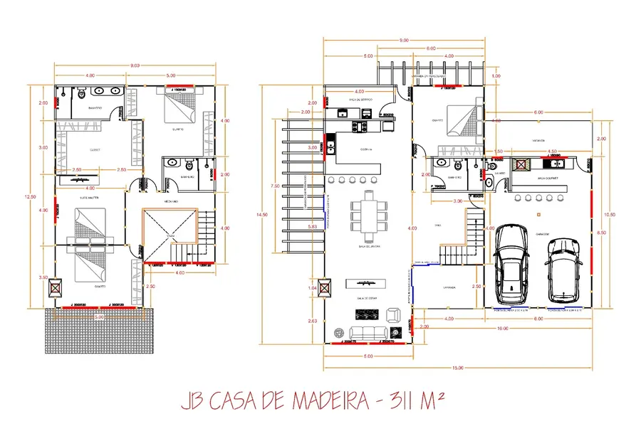 Planta: Casa 311,00m² com Duas Suítes, Mezanino e Área Gourmet