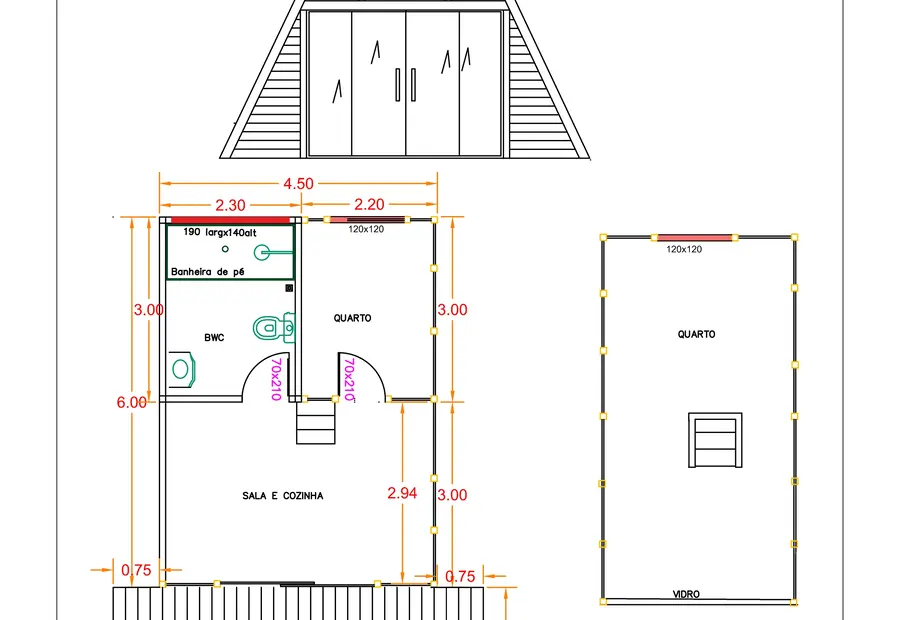 Planta: Chalé A-Frame 54,00m² com 2 Quartos e Deck