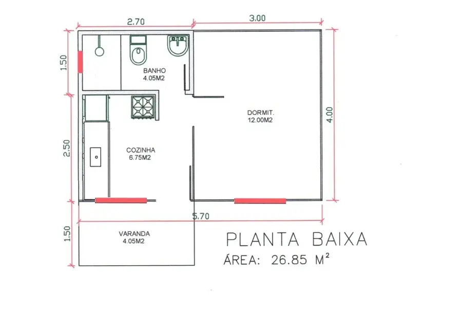 Planta: Chalé 26,85m² com 1 Quarto e Varanda