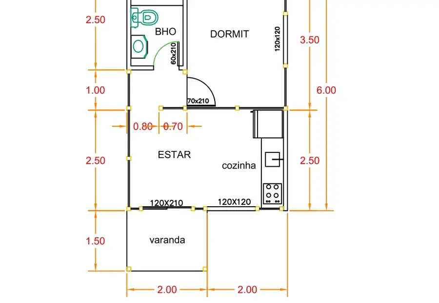 Planta: Chalé 27m² com 1 Quarto e Varanda