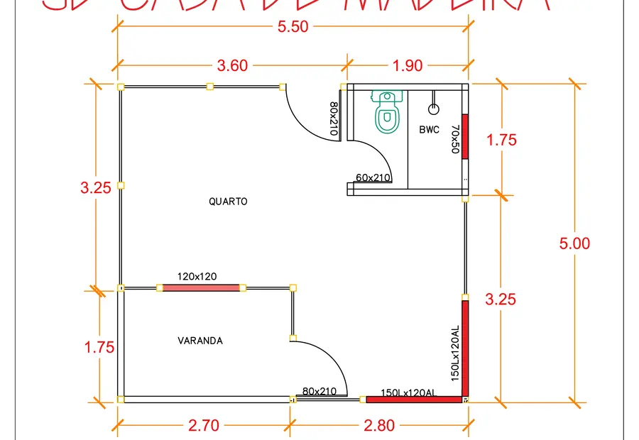 Planta: Chalé 27,50m² com 1 Dormitório e Varanda