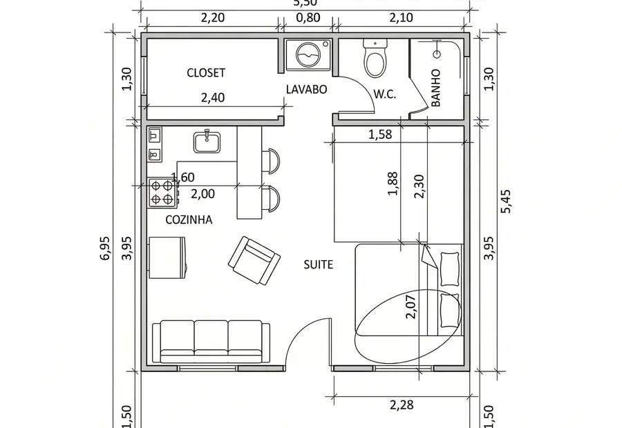 Planta: Chalé Suíte 30,00m² com Closet e Deck