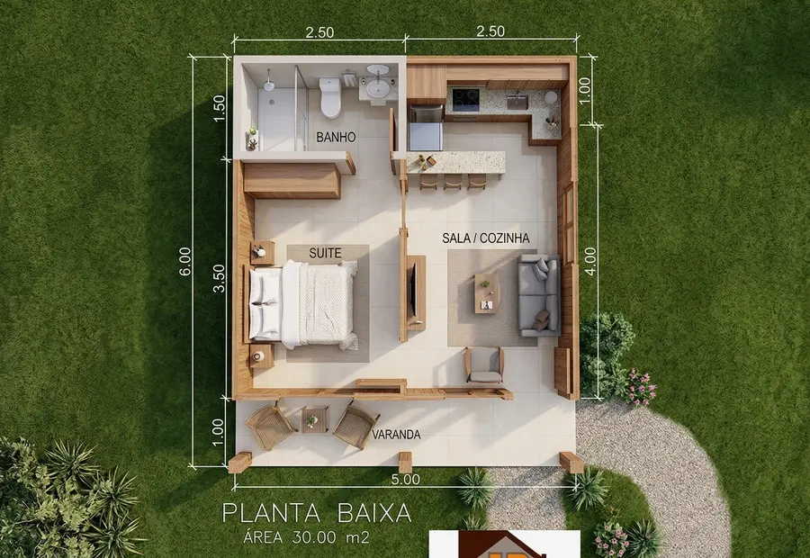 Planta: Chalé 30m² com Suíte e Varanda