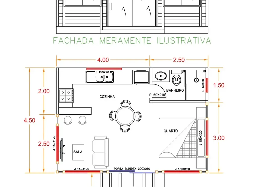 Planta: Chalé Loft 33,40m² com 1 Quarto e Varanda