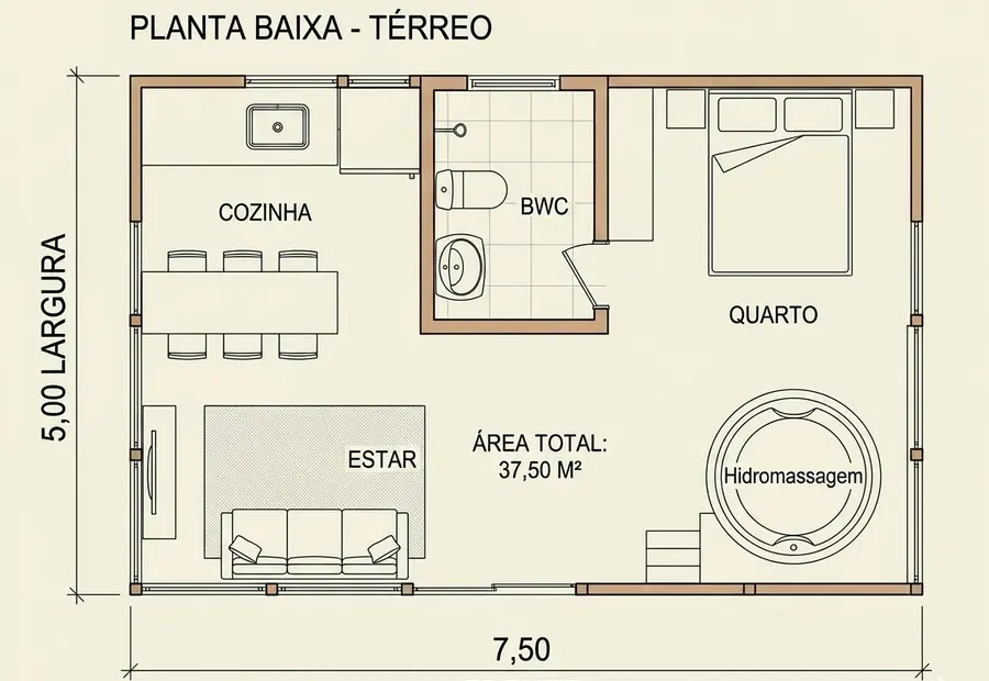 Planta: Chalé Loft 37,50m² com Hidro