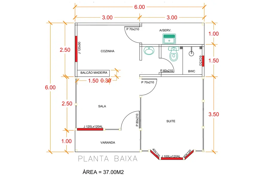 Planta: Chalé 37m² com Suíte e Área de Serviço