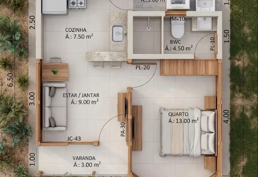 Planta: Chalé 40,14m² com 1 Quarto e Área de Serviço