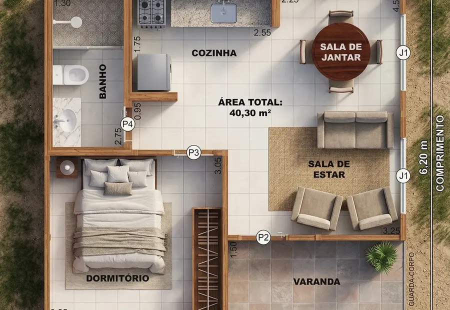 Planta: Chalé 40,30m² com 1 Quarto e Varanda