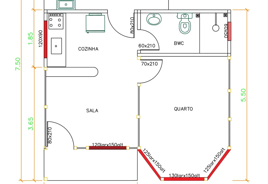 Planta: Chalé 41m² com 1 Quarto e Área de Serviço
