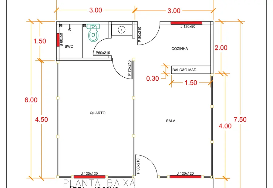 Planta: Chalé 42m² com Suíte e Varanda