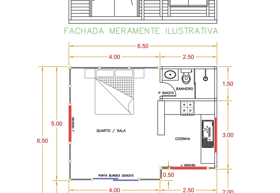 Planta: Chalé Loft 42,25m² com Varanda e Porta Blindex