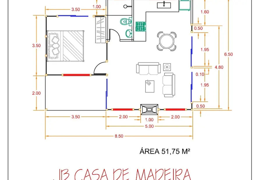 Planta: Casa Térrea 51,75m² com 1 Quarto e Varanda