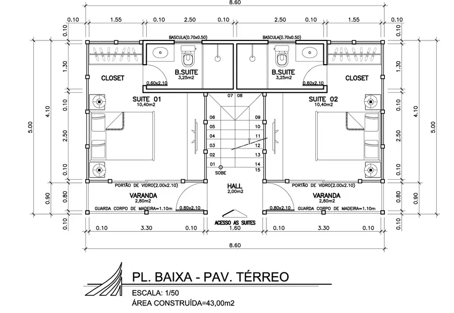 Planta: Chalé Duplex 86,00m² com 4 Suítes, Varandas e Sacadas
