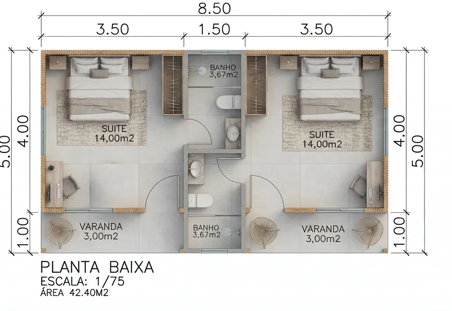 Planta: Chalezinho Duplo 42,40m² com 2 Suítes