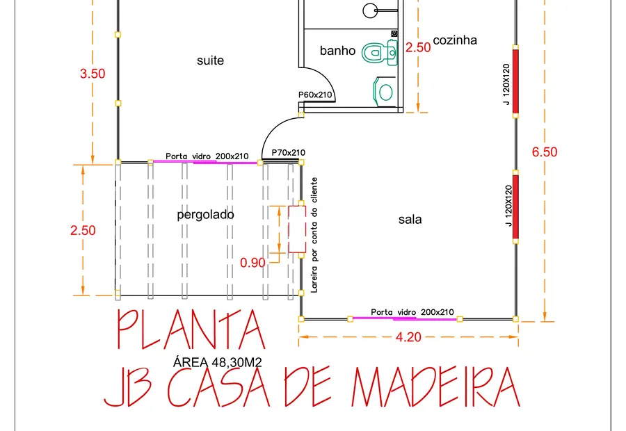 Planta: Casa Térrea 48,30m² com 1 Suíte e Pergolado