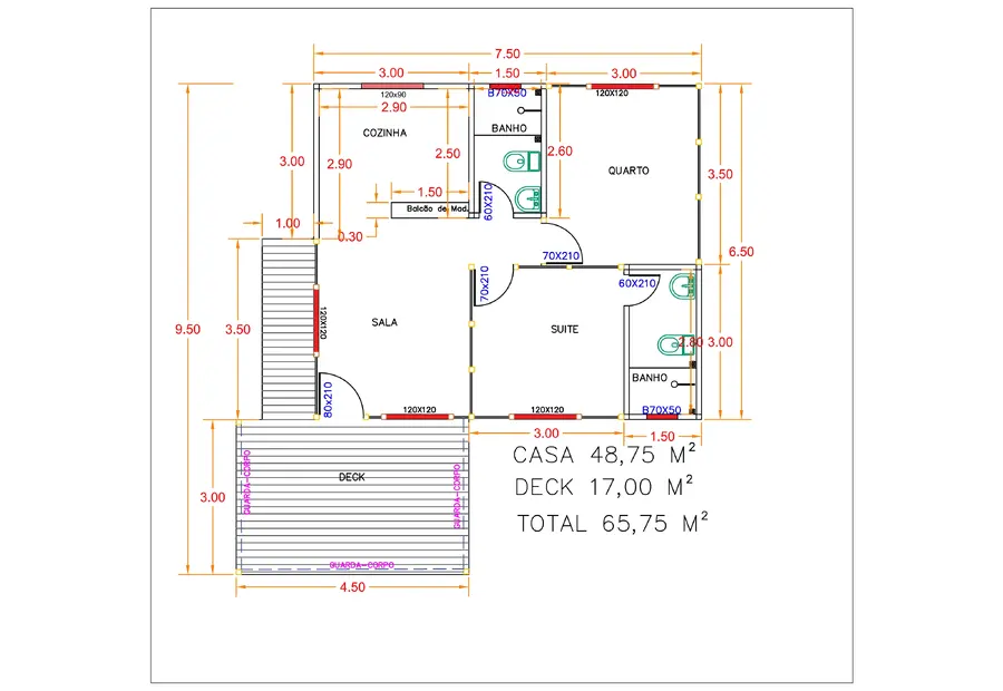 Planta: Casa Térrea 48,75m² com 2 Dormitórios e Deck