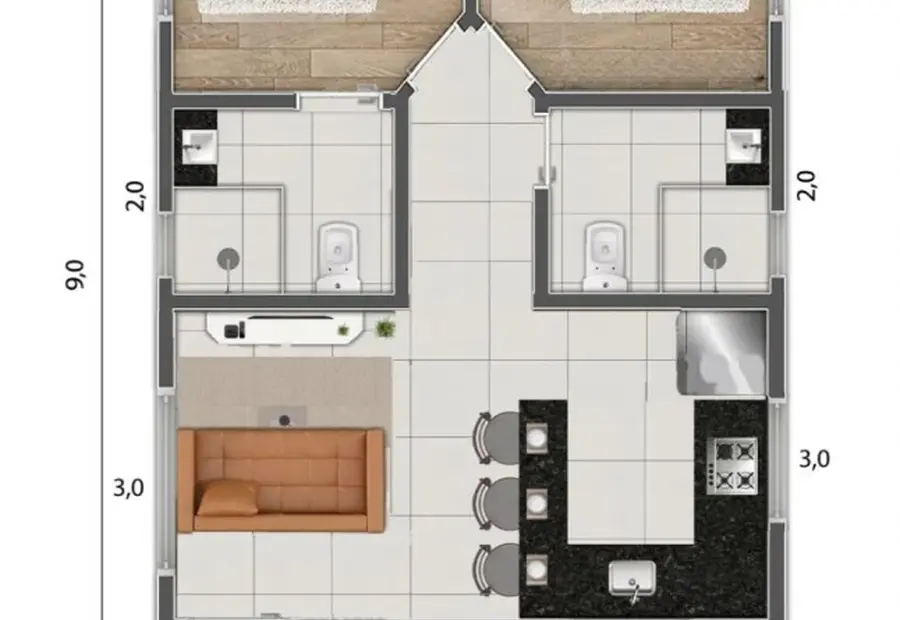Planta: Casa Térrea 51,00m² com 2 Dormitórios