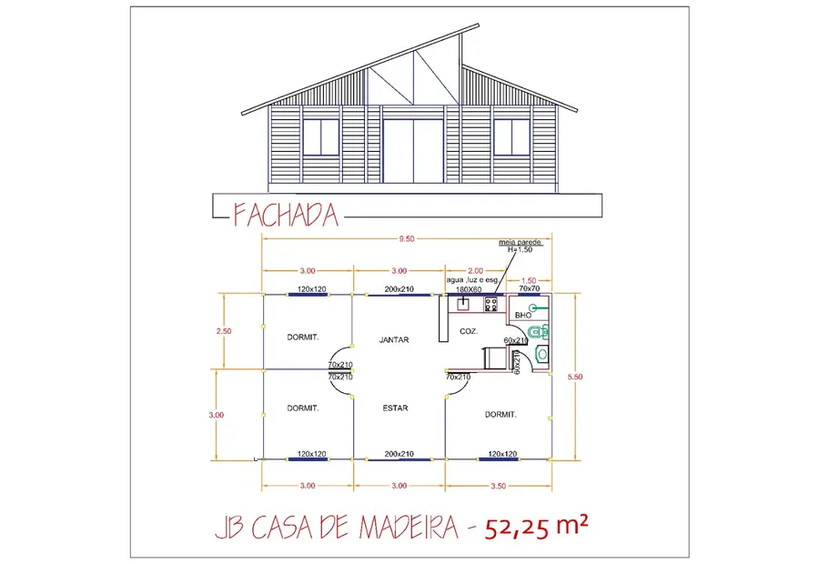 Planta: Casa Térrea 52,25m² com 3 Dormitórios