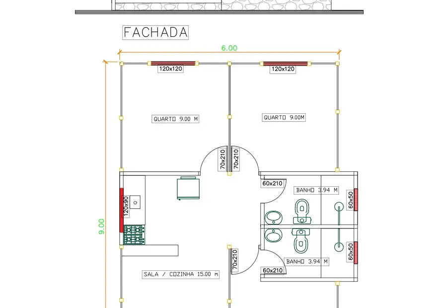 Planta: Casa Térrea 55,50m² com 3 Dormitórios