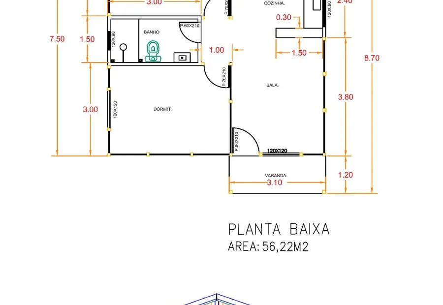 Planta: Casa Térrea 56,22m² com 2 Quartos