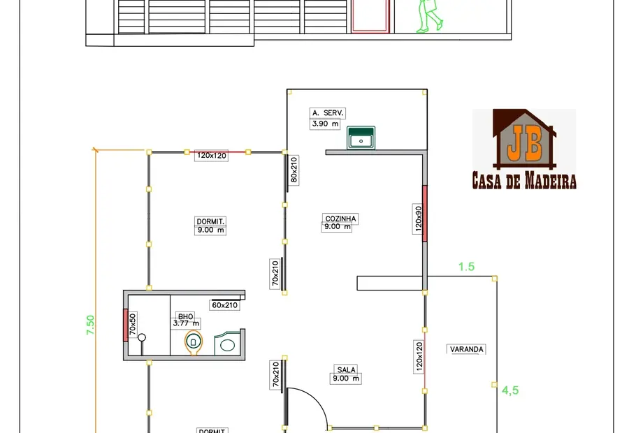 Planta: Casa Térrea 56,25m² com 2 Quartos