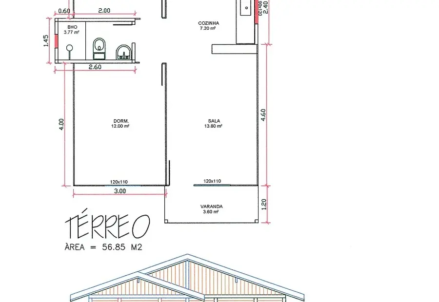 Planta: Casa Térrea 56,85m² com 2 Quartos
