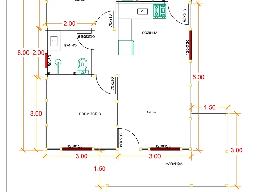 Planta: Casa Térrea 57,75m² com 1 Suíte e 1 Dormitório