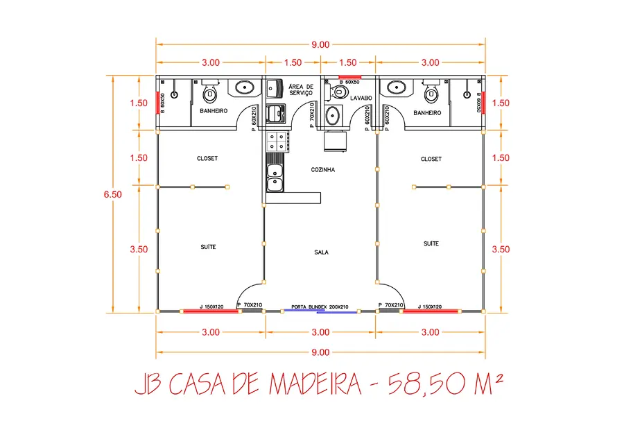 Planta: Casa Térrea 58,50m² com 2 Suítes e Lavabo