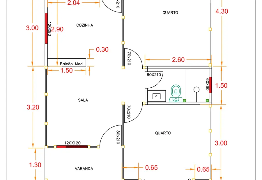 Planta: Casa Térrea 59,60m² com 2 Quartos
