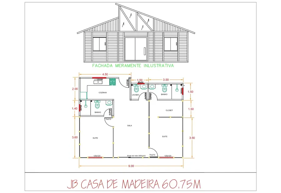 Planta: Casa 60,75m² com 2 Suítes e Lavabo