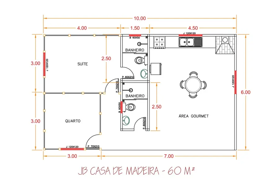 Planta: Casa 60,00m² com 1 Suíte e Área Gourmet