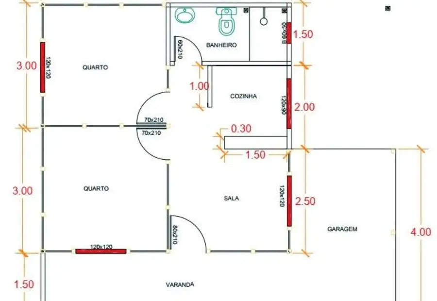 Planta: Casa Térrea 60,00m² com 2 Quartos e Garagem