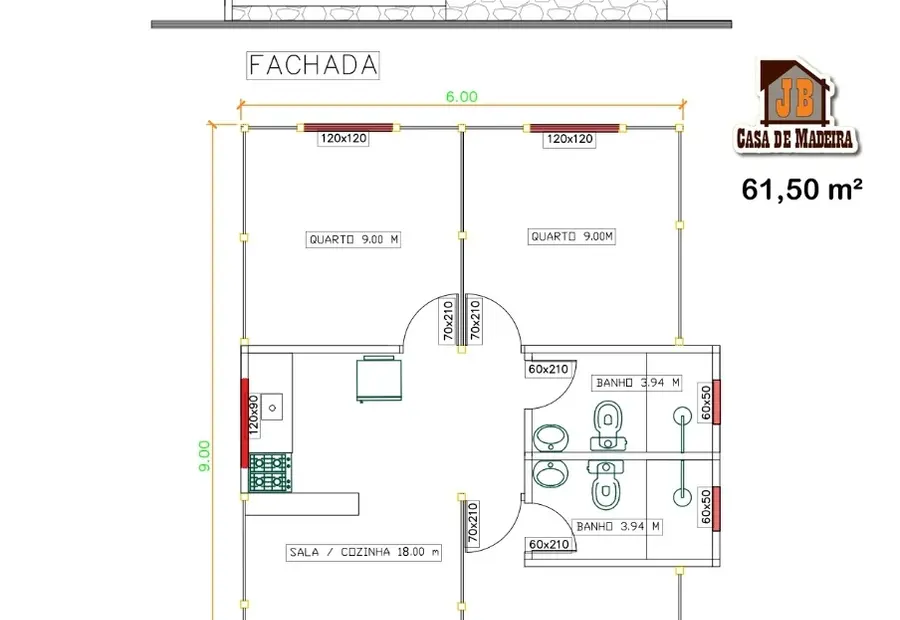 Planta: Casa Térrea 61,50m² com 2 Quartos e 1 Suíte