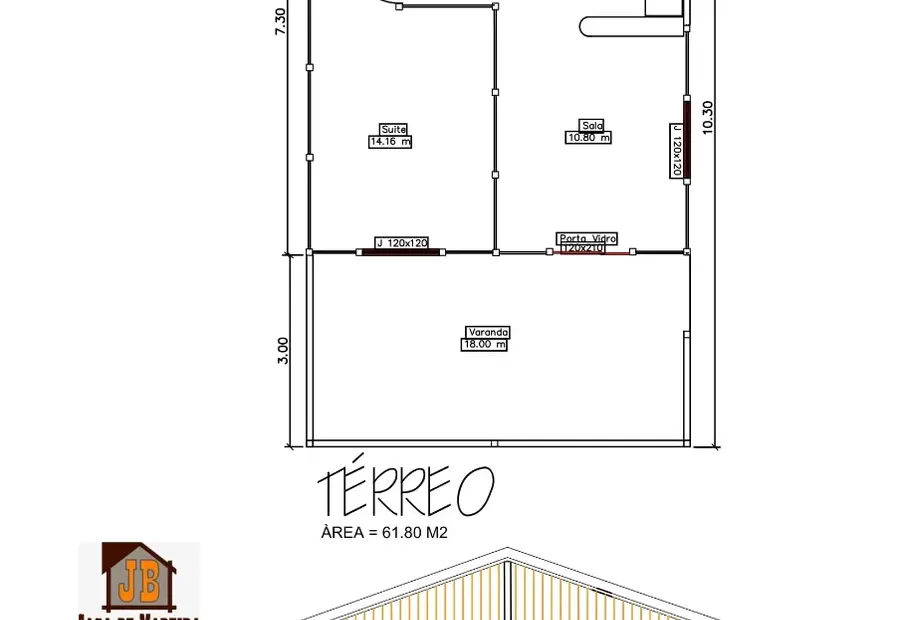 Planta: Casa Térrea 61,80m² com 1 Suíte e Ampla Varanda