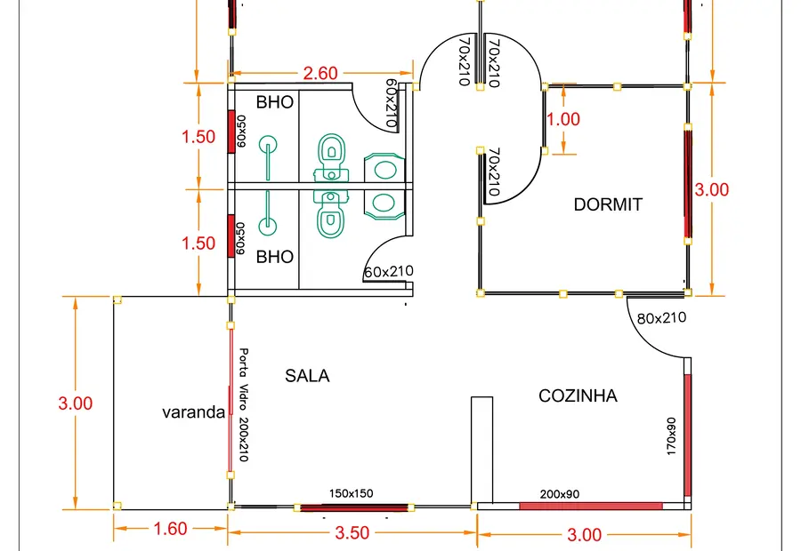 Planta: Casa Térrea 63,30m² com 2 Quartos, 1 Suíte e Varanda