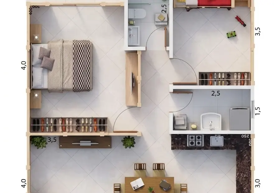 Planta: Casa Térrea 63,00m² com 2 Quartos e 2 Varandas