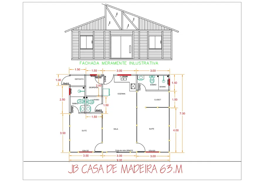 Planta: Casa Térrea 63,00m² com 2 Suítes e Despensa
